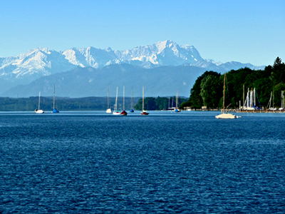 The Wetterstein range, with Germany’s highest mountain, the Zugspitze, viewed across Lake Starnberg from Tutzing