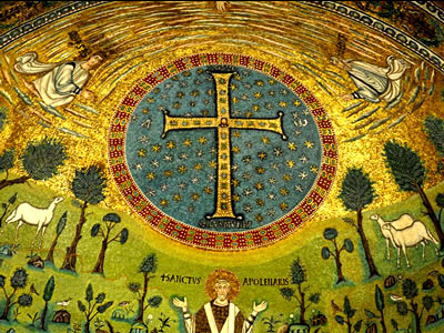 Precious mosaics above the apse of the Basilica di Sant’Apollinare in Classe, Ravenna, consecrated in AD 547