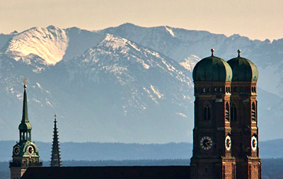 Munich Frauenkirche and view toward Alps