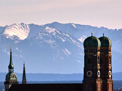 Munich Frauenkirche and view toward the Alps