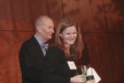 Orchestra of St, Lukes Excecutive Director Katy Clark accepts the 2014 Conductor of the Year award for Pablo Heras-Casado from Musical America Features Editor Sedgwick Clark